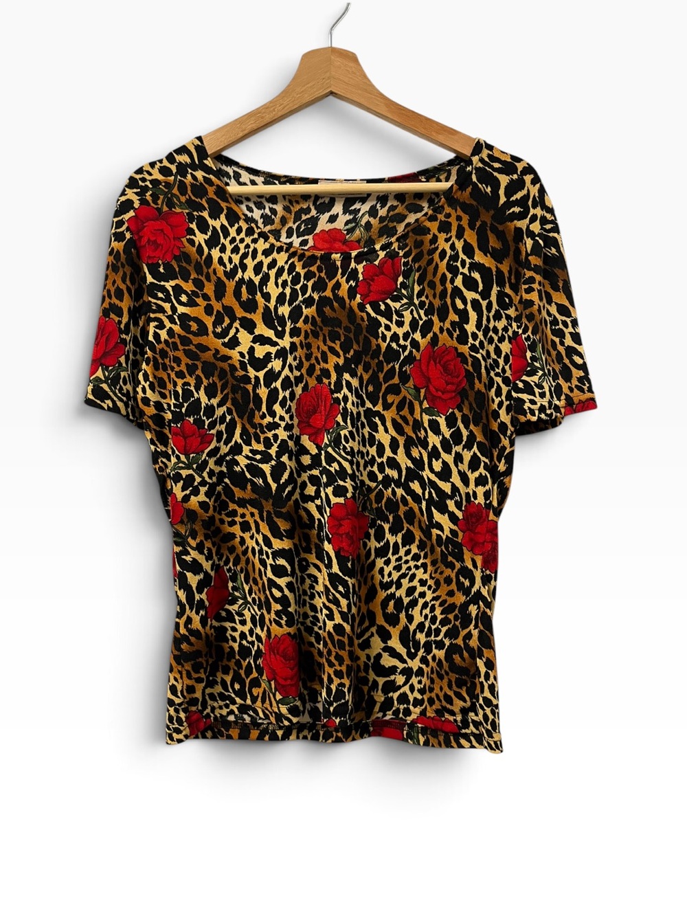 Vintage Y2K Susan Lawrence Leopard Rose Top Women’s M Mob Wife Stretch Graphic